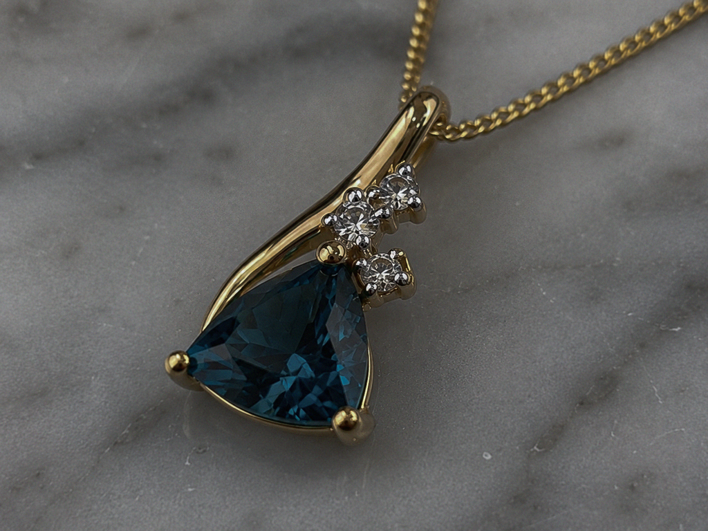 9ct Yellow Gold London Blue Topaz & White Topaz Trillion Pendant