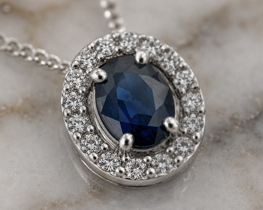 Blue Sapphire & Diamond Cluster Pendant in 9ct White Gold