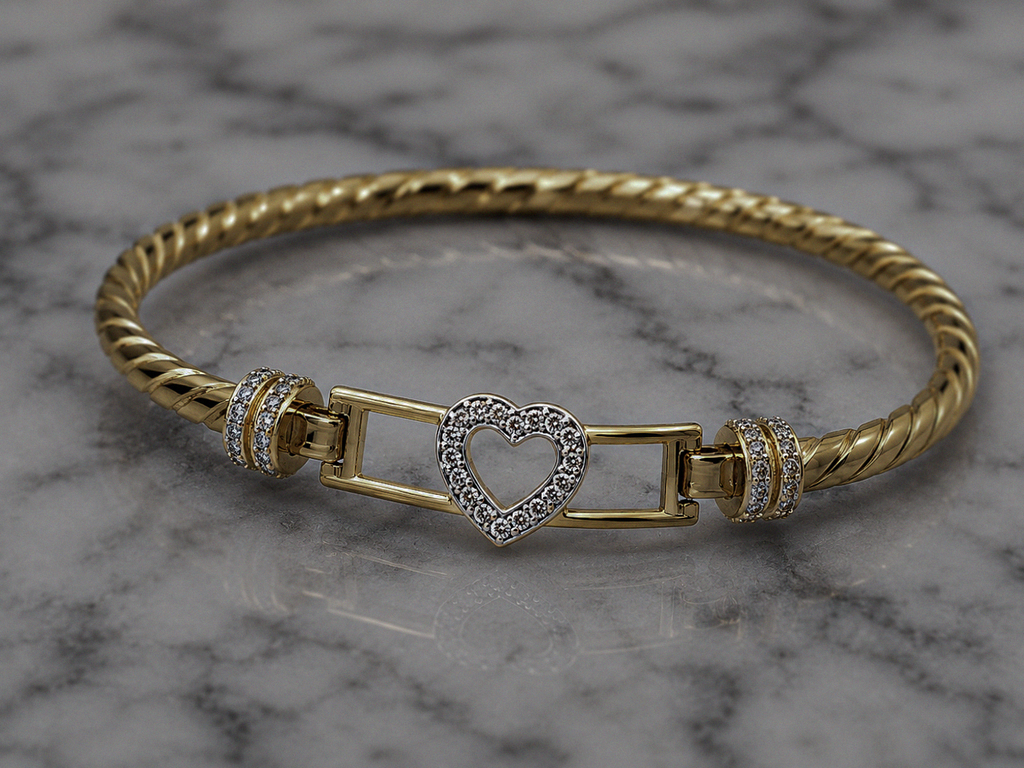 9ct Yellow Gold Twisted Heart Hook Bangle – Solid 13.8g
