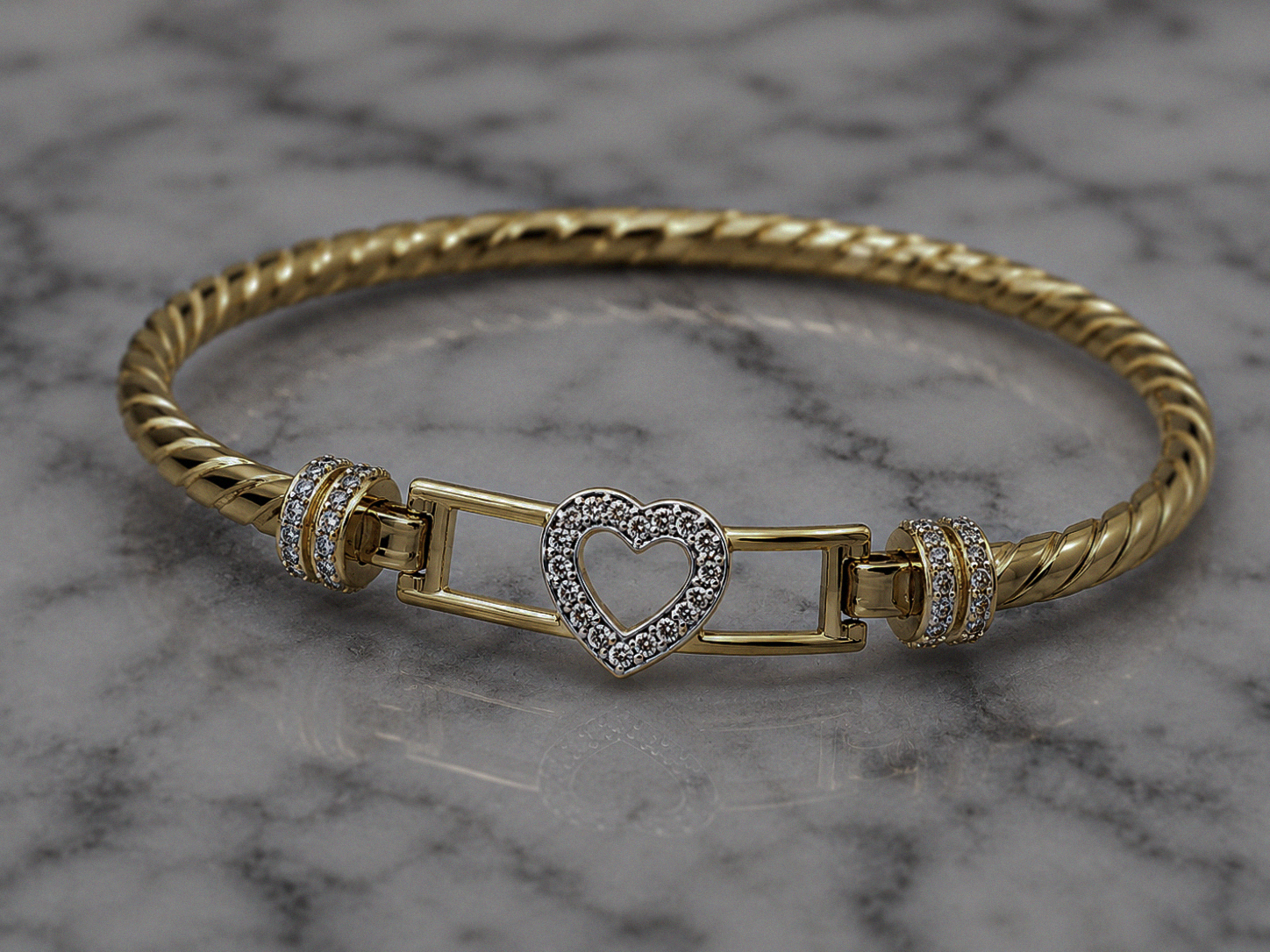 9ct Yellow Gold Twisted Heart Hook Bangle – Solid 13.8g