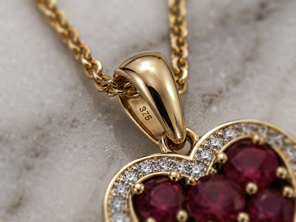 9ct Yellow Gold Ruby & Diamond Heart Pendant with Chain