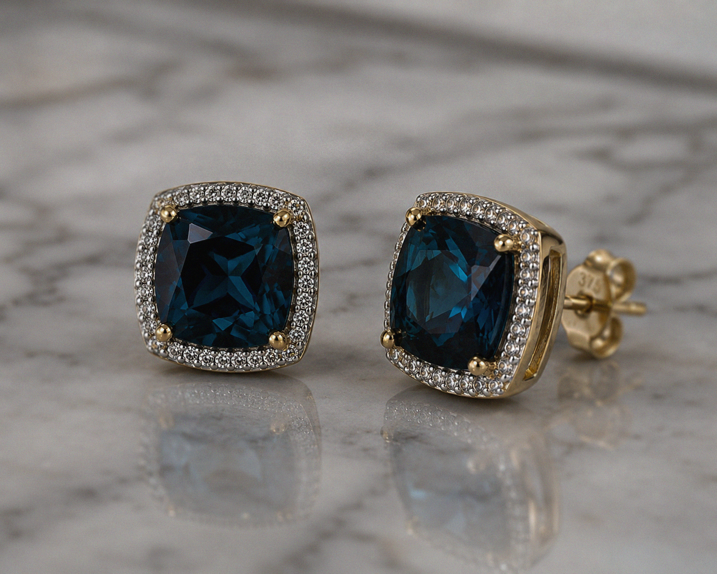 London Blue Topaz & Diamond Earrings in 9ct Gold.