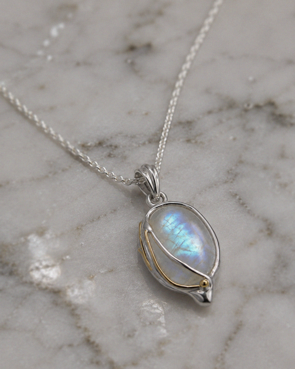 Banyan Rainbow Moonstone Pendant Necklace with 14ct Gold-Fill Detail