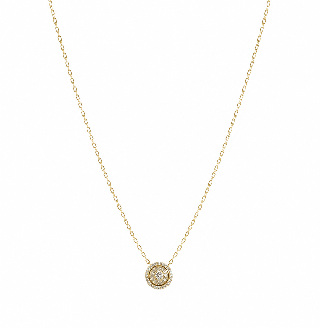 9ct Yellow Gold Cubic Zirconia Halo Pendant Necklace 16 Inch