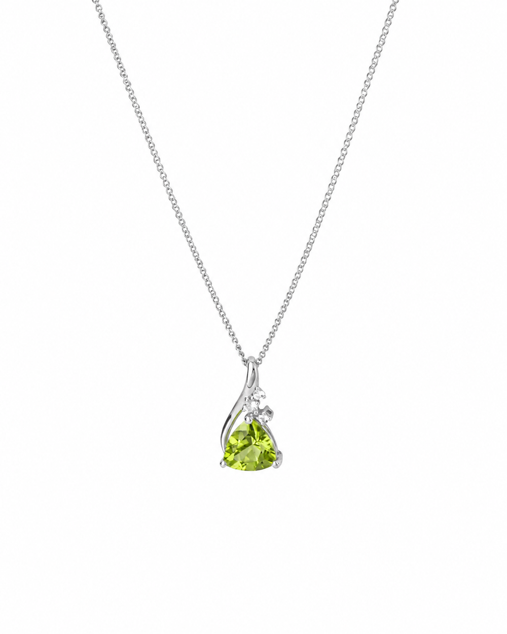 9ct White Gold Trillion Peridot & White Topaz Pendant – 46cm Curb Chain
