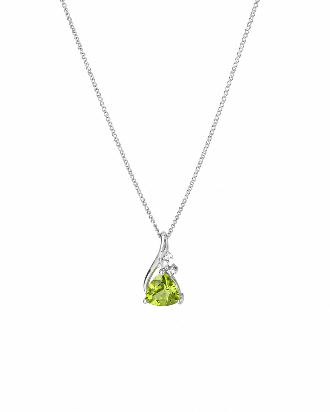 9ct White Gold Trillion Peridot & White Topaz Pendant – 46cm Curb Chain