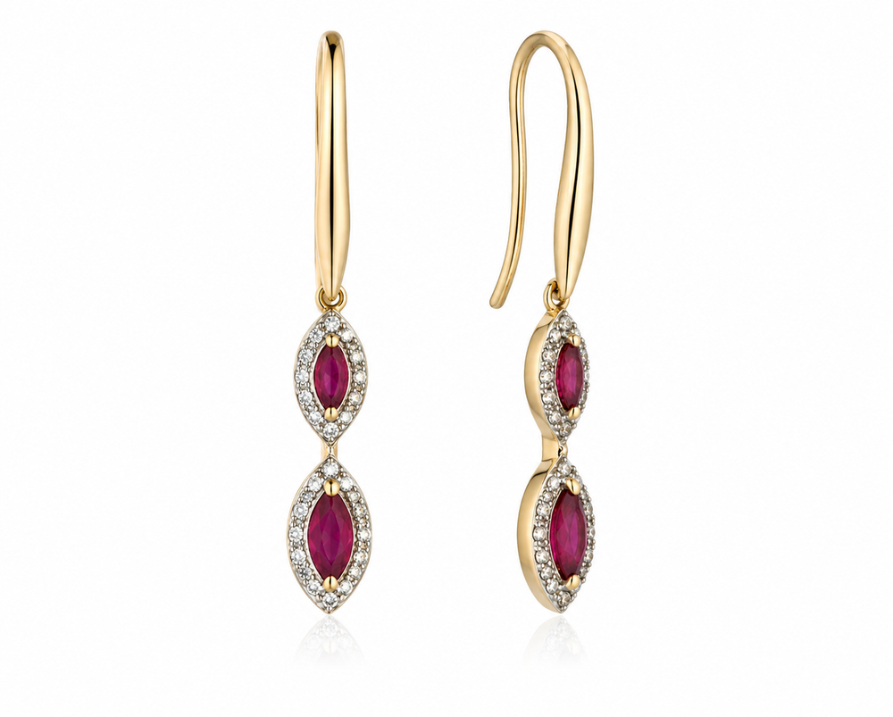 Marquise Double Drop Ruby & Diamond Earrings in 9ct Yellow Gold