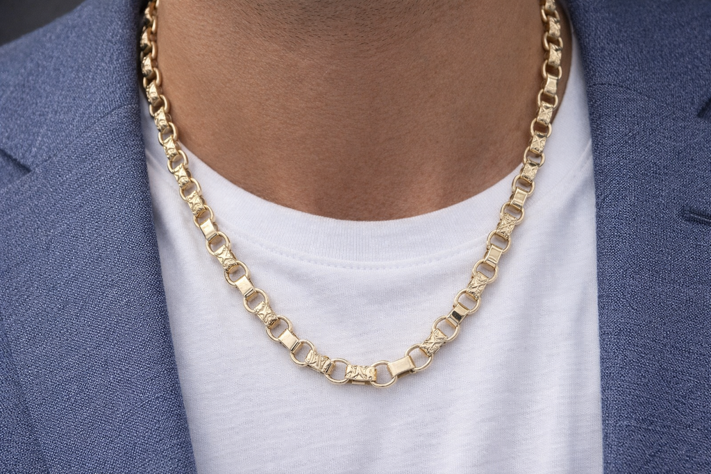 9ct Yellow Gold Engraved & Plain Belcher Chain Necklace – Solid Gold