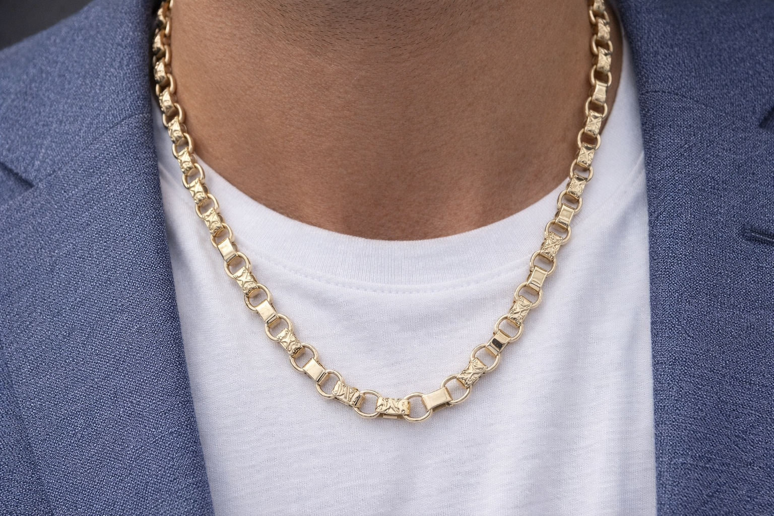 9ct Yellow Gold Engraved & Plain Belcher Chain Necklace – Solid Gold