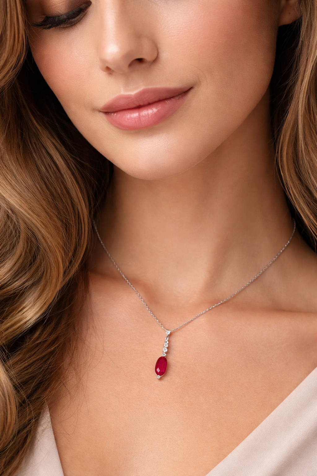 Ruby & Diamond Drop Pendant Necklace in 9ct White Gold