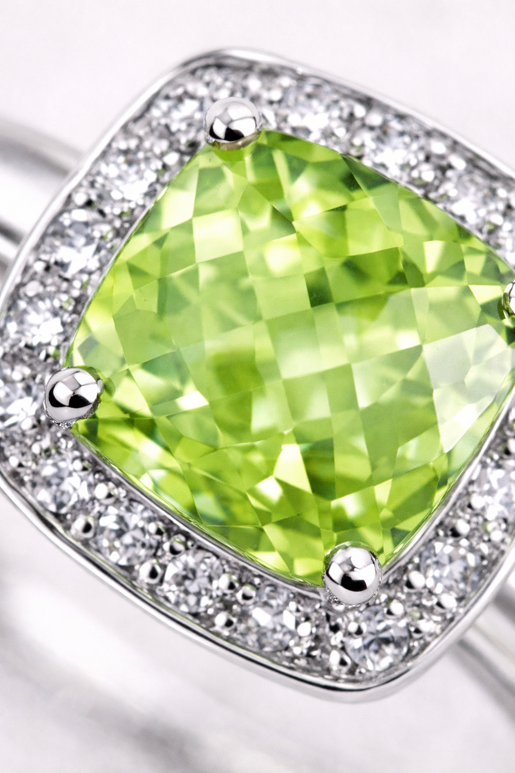 9ct White Gold Cushion-Cut Peridot & Diamond Halo Ring