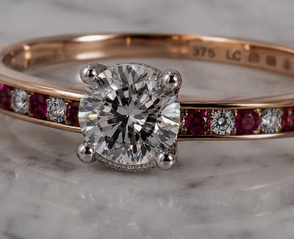 9ct Rose & White Gold 0.49ct Diamond & Ruby Hidden Halo Engagement Ring