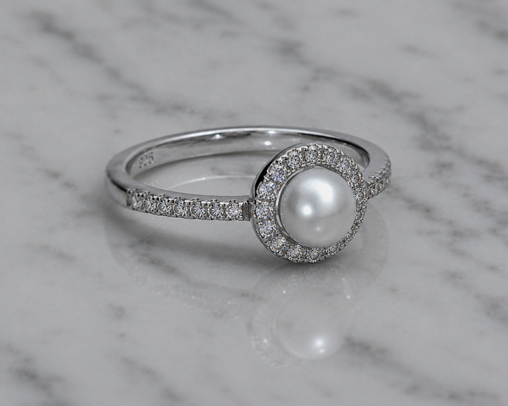 Sterling Silver Freshwater Pearl & Cubic Zirconia Halo Ring