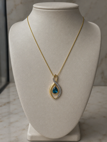 9ct Yellow Gold London Blue Topaz & Diamond Pendant Necklace