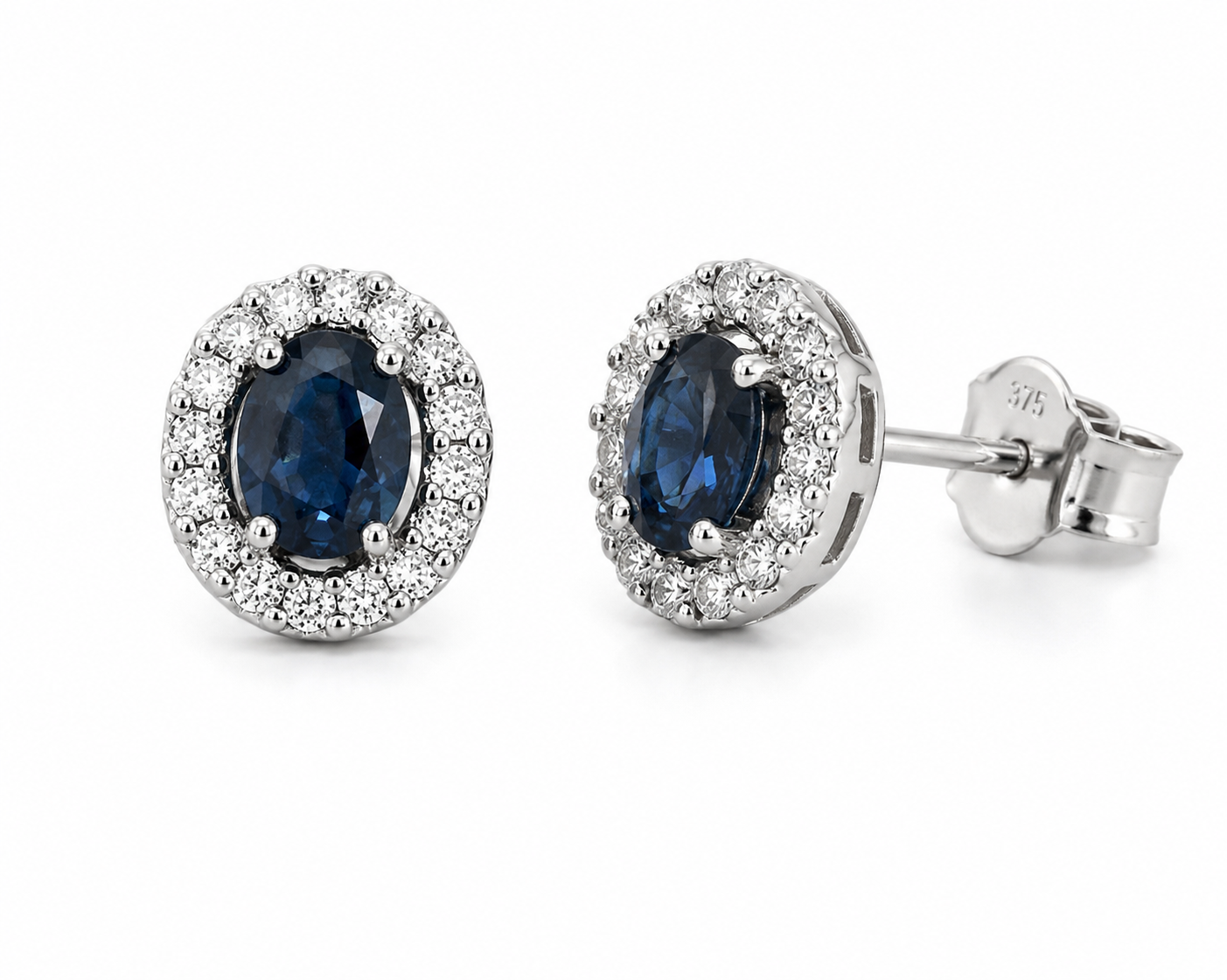 Blue Sapphire & Diamond Cluster Stud Earrings in 9ct White Gold