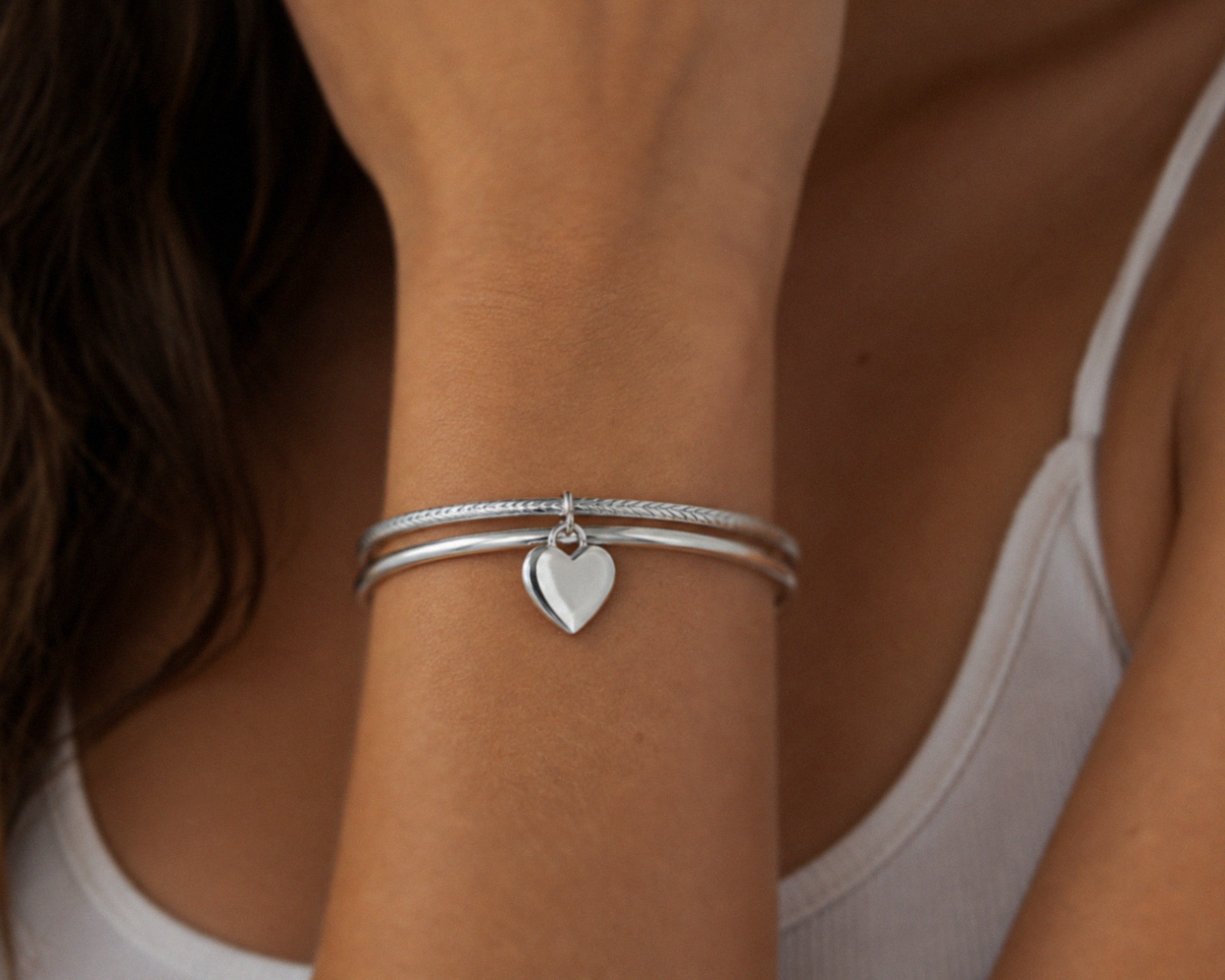 Sterling Silver Diamond-Cut Double Bangle with Heart Charm