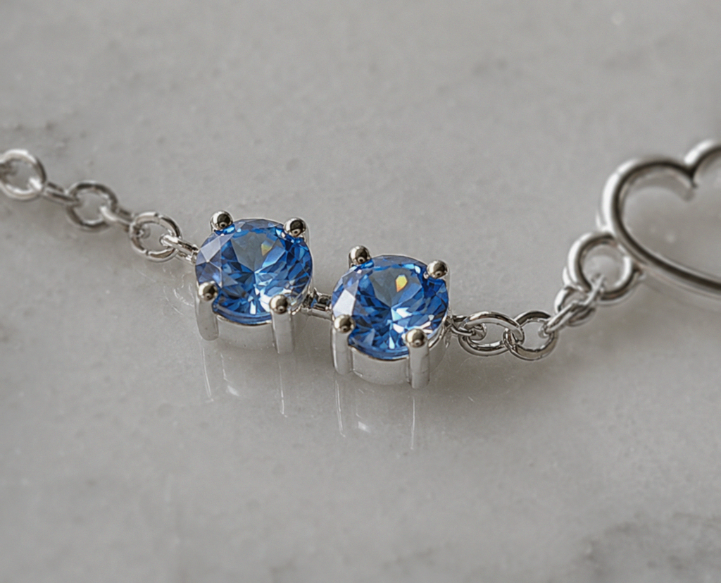 Sterling Silver Blue Crystal and Heart Anklet