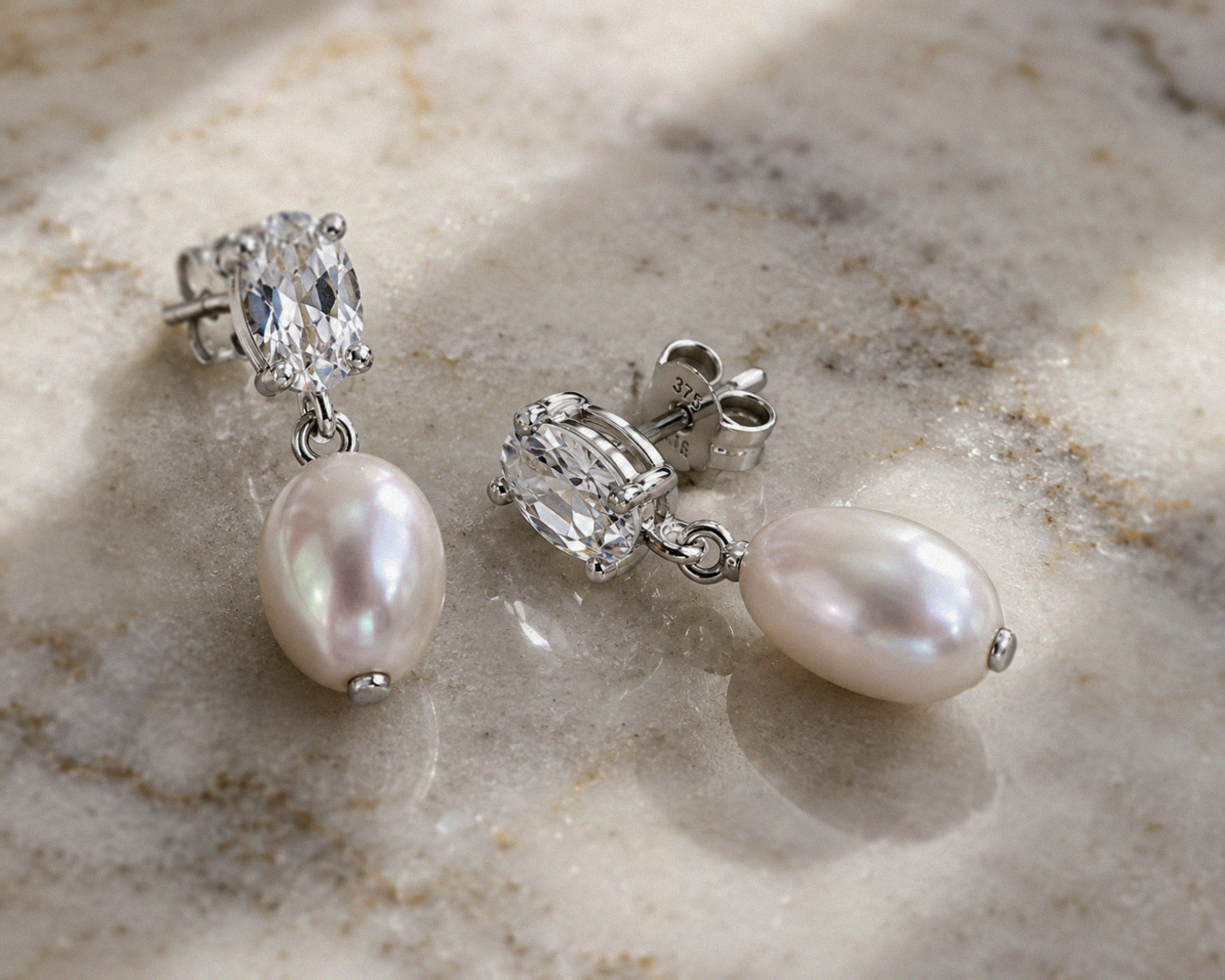 Baroque Pearl & White Topaz Drop Earrings in 9ct White Gold