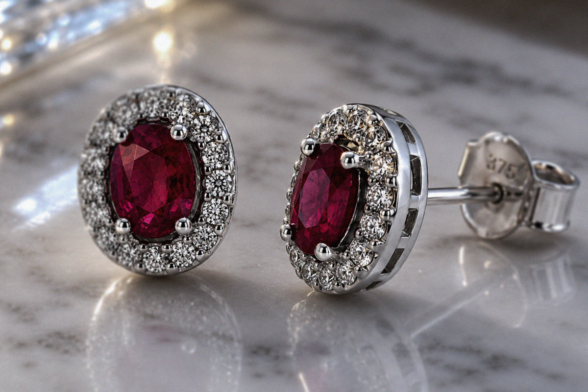 Ruby & Diamond Cluster Stud Earrings in 9ct White Gold