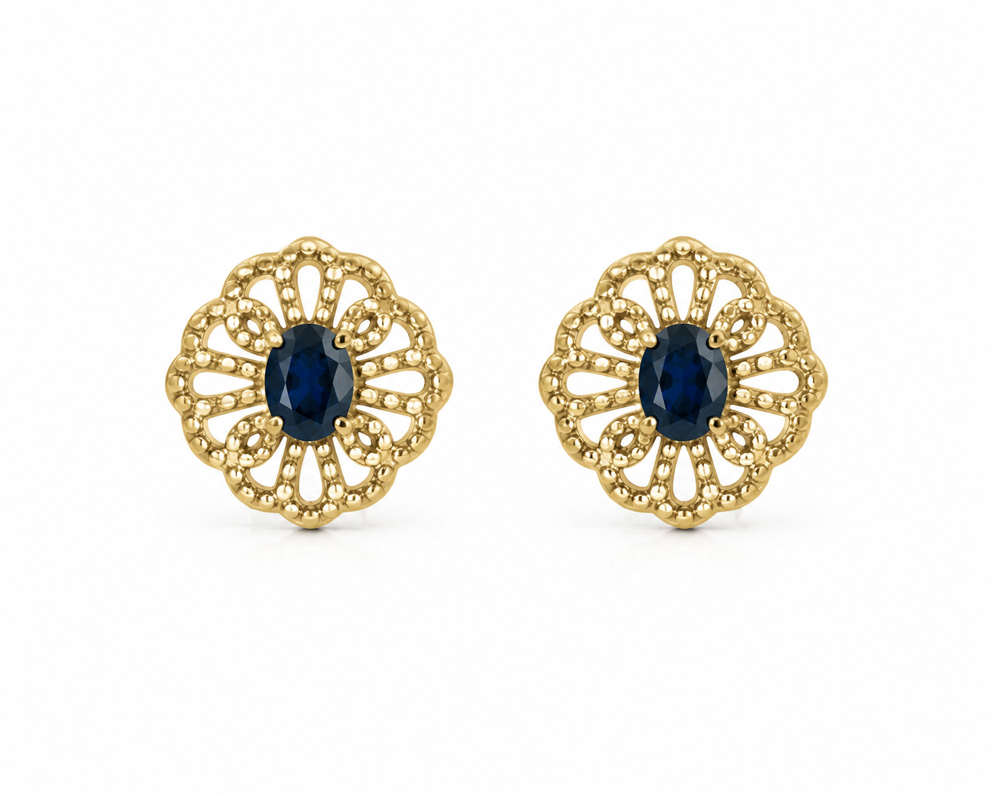 9ct Yellow Gold Blue Sapphire Filigree Stud Earrings