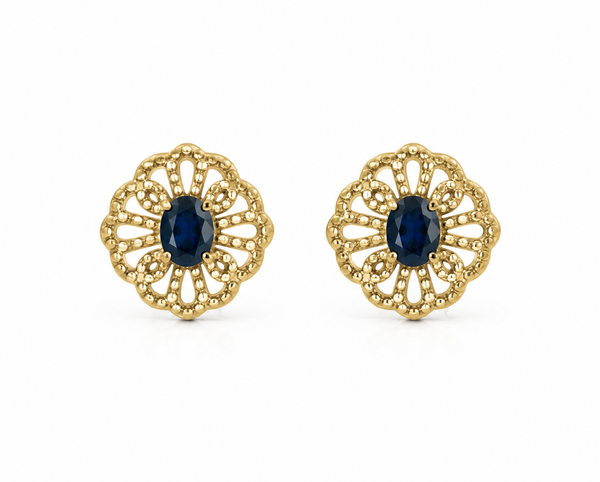 9ct Yellow Gold Blue Sapphire Filigree Stud Earrings