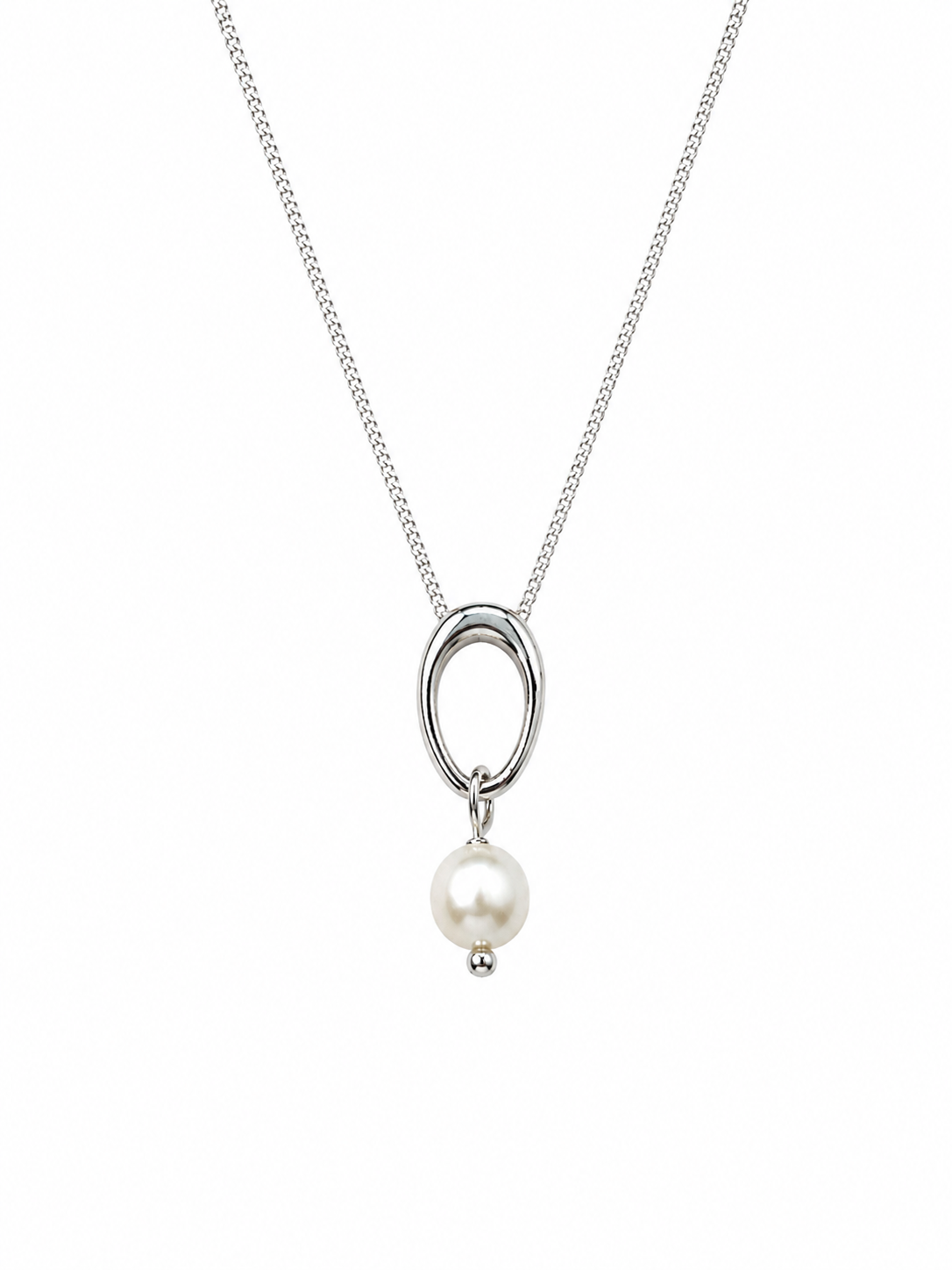 Sterling Silver Open Oval Freshwater Pearl Pendant Necklace – Rhodium Plated