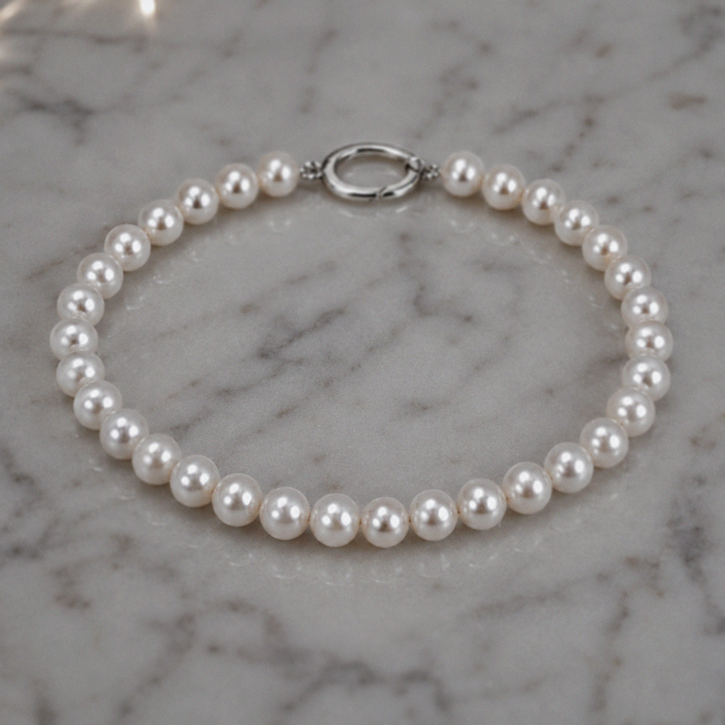 White Pearl Bracelet in Sterling Silver - Elegant Charm Link Design