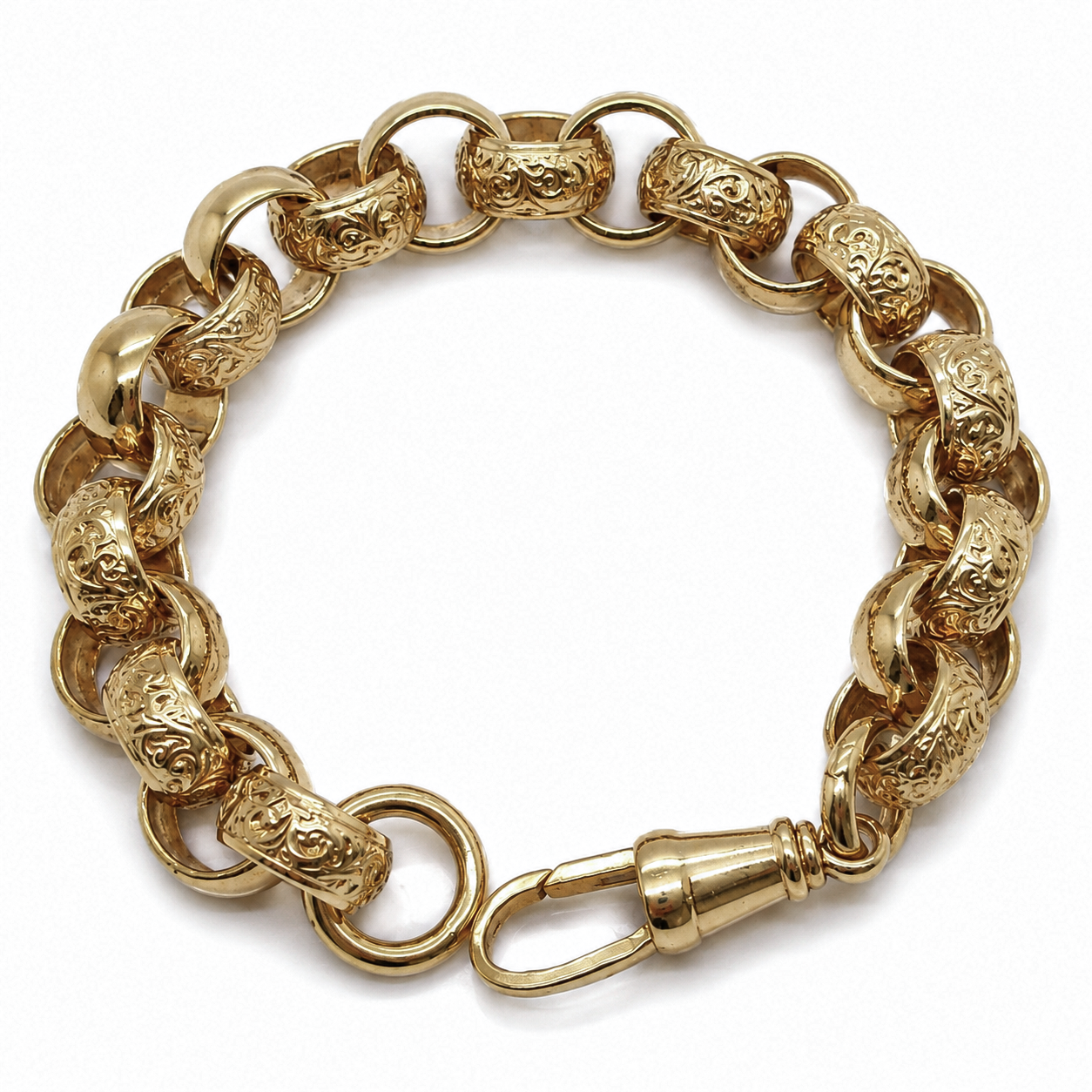 9ct Yellow Gold Engraved & Plain Belcher Bracelet