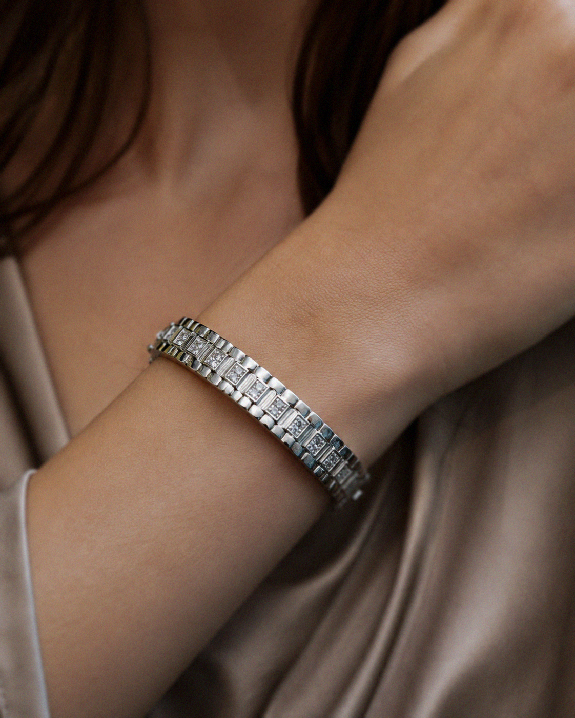 Ladies' Silver Cubic Zirconia Watch-Link Bangle