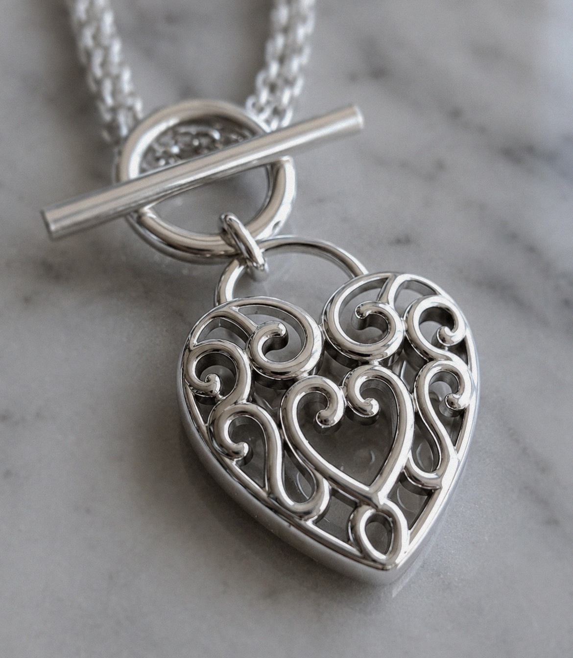 Large Filigree Heart Double Chain T-Bar Necklace in Sterling Silver