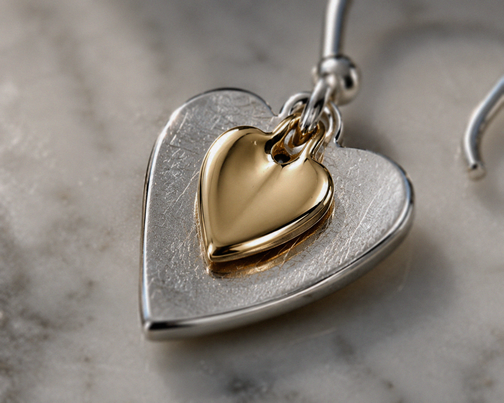 Double Heart Drop Earrings in Sterling Silver with Yellow Gold Plated Heart