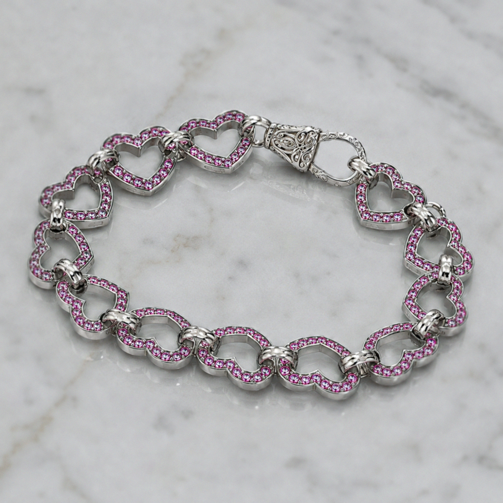 Sterling Silver Pink Cubic Zirconia Heart Link Bracelet