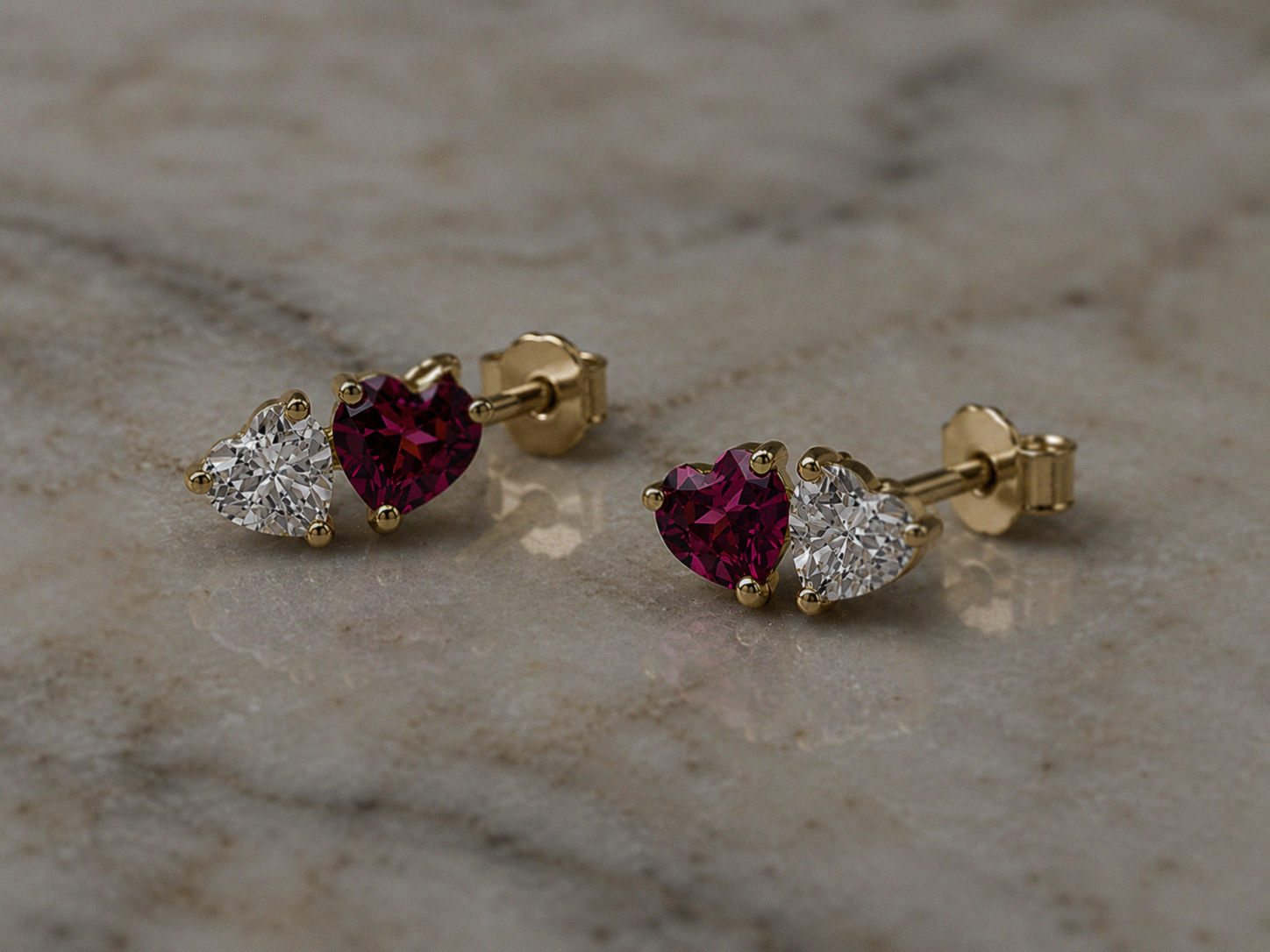 9ct Yellow Gold Toi et Moi Heart Stud Earrings – Rhodolite Garnet & White Topaz