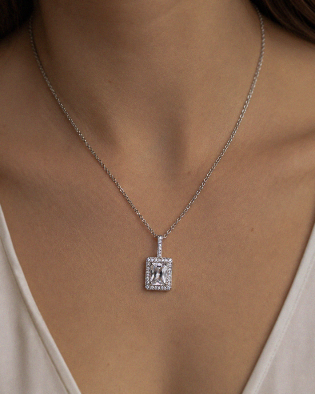 Sterling Silver Cubic Zirconia Rectangular Halo Pendant Necklace