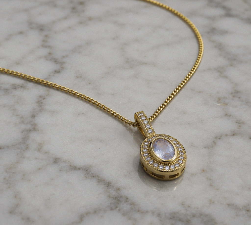 9ct Yellow Gold Blue Moonstone & White Topaz Necklace
