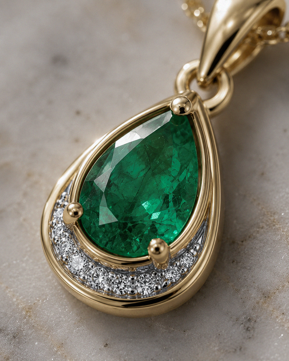 Teardrop Emerald & Diamond Pendant Necklace in 9ct Gold