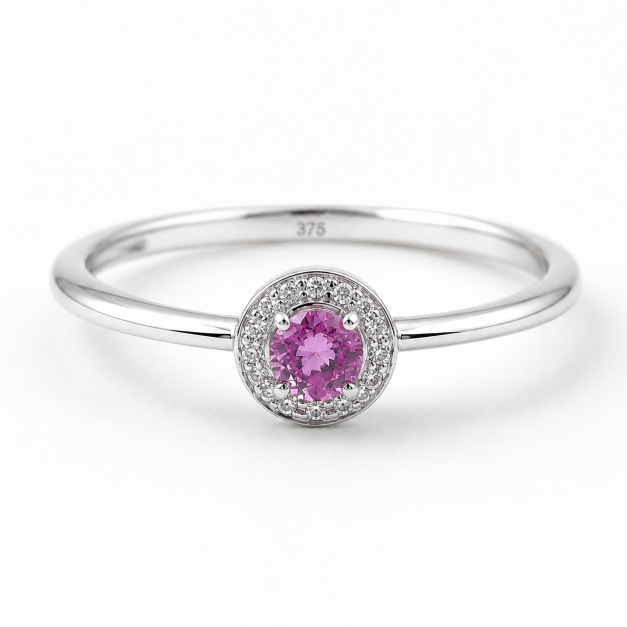 9ct White Gold Sapphire & Diamond Halo Ring – 0.07ct Diamonds