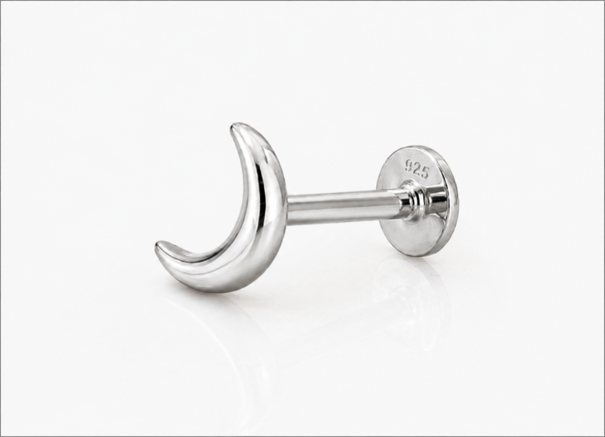 Sterling Silver Crescent Moon Labret Stud Earrings – Pair