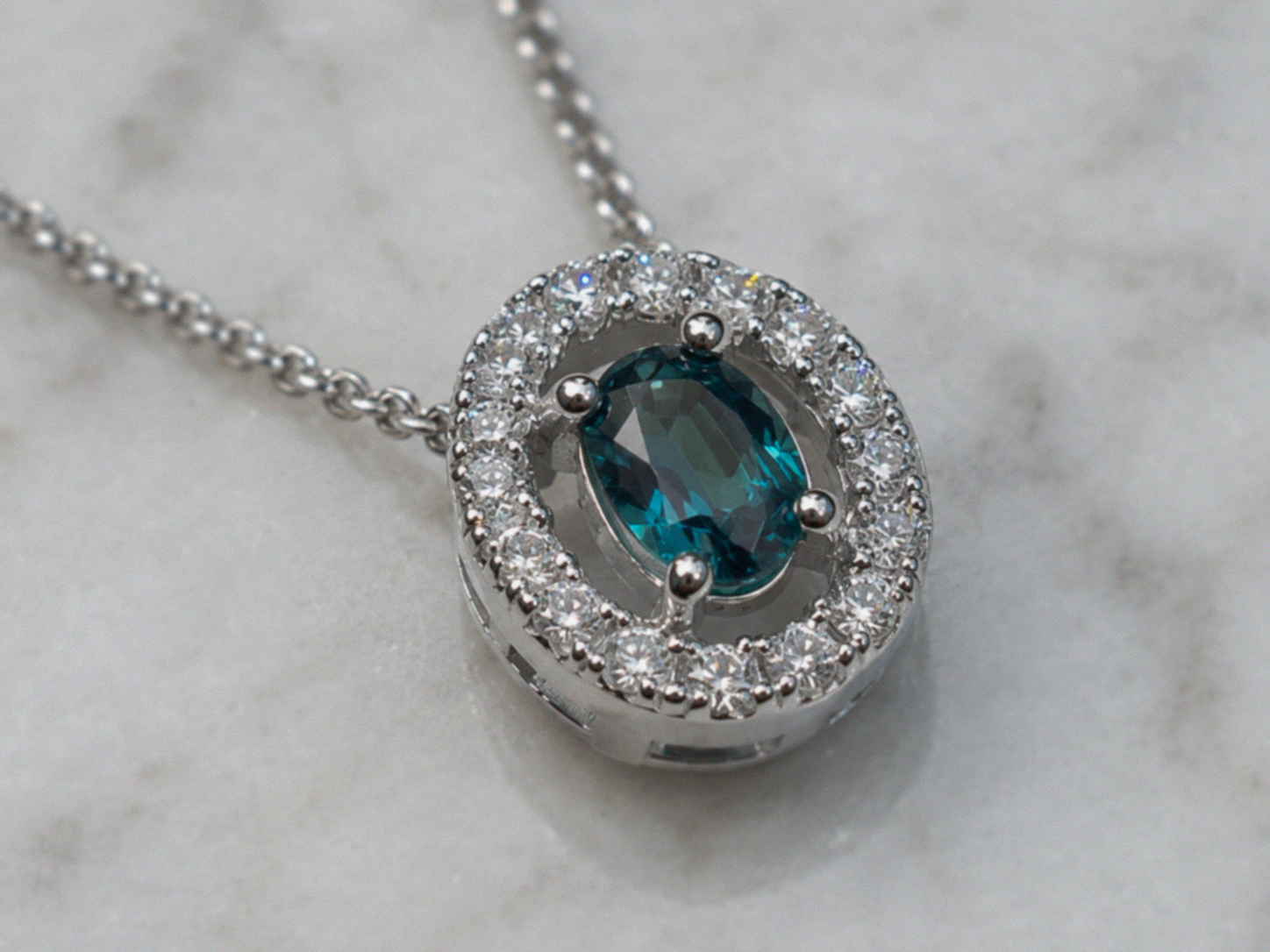 9ct White Gold Teal Sapphire & Diamond Halo Necklace