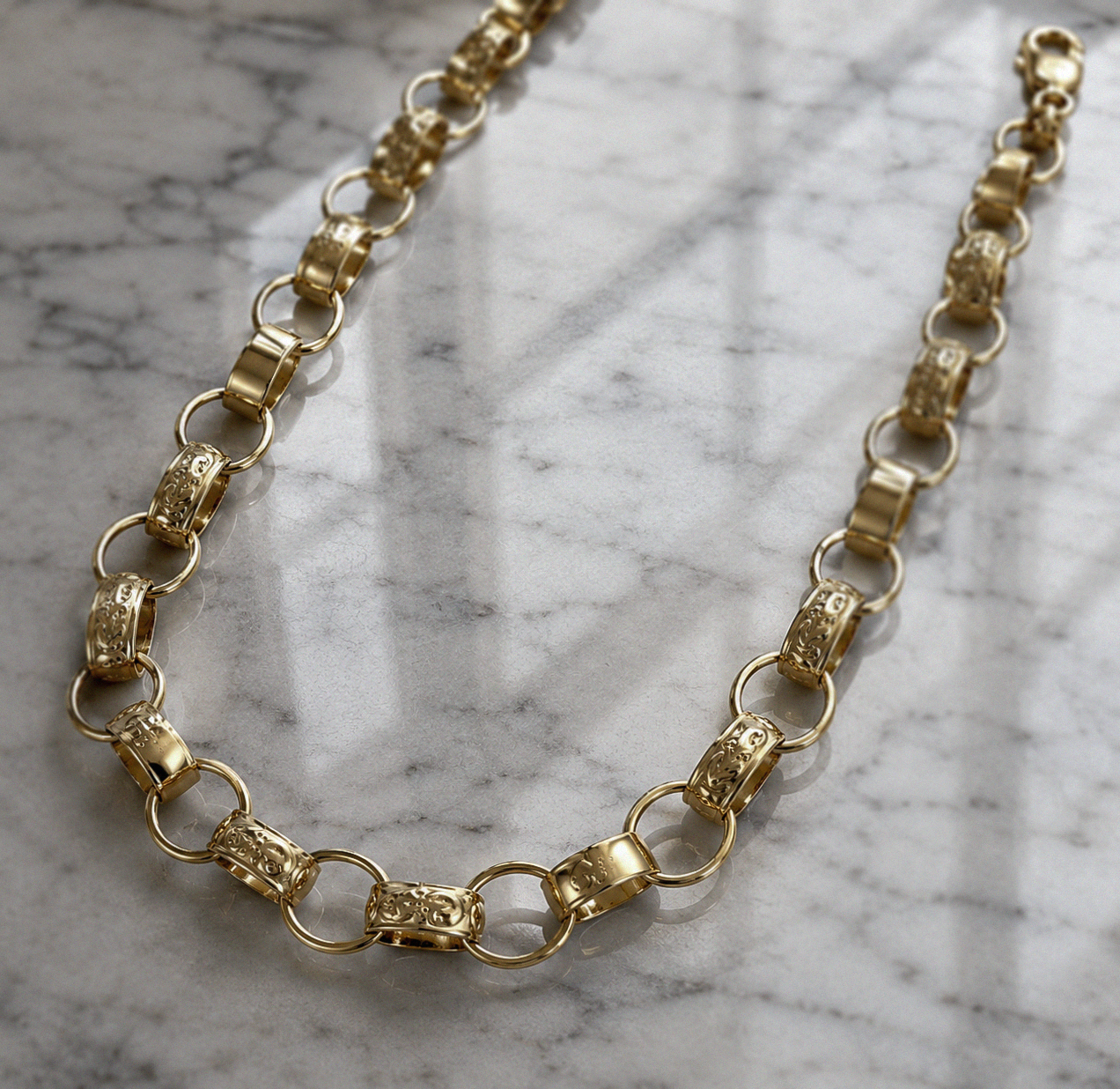 9ct Yellow Gold Engraved & Plain Belcher Chain Necklace – Solid Gold