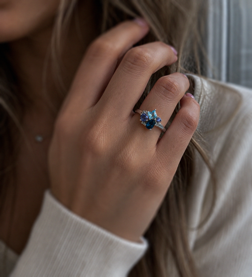 9ct White Gold Blue Topaz, Iolite & Diamond Cluster Ring
