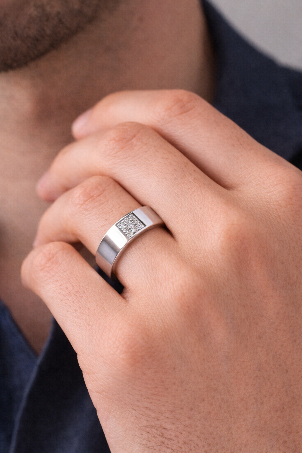 Sterling Silver Wide Band Cubic Zirconia Men’s Ring