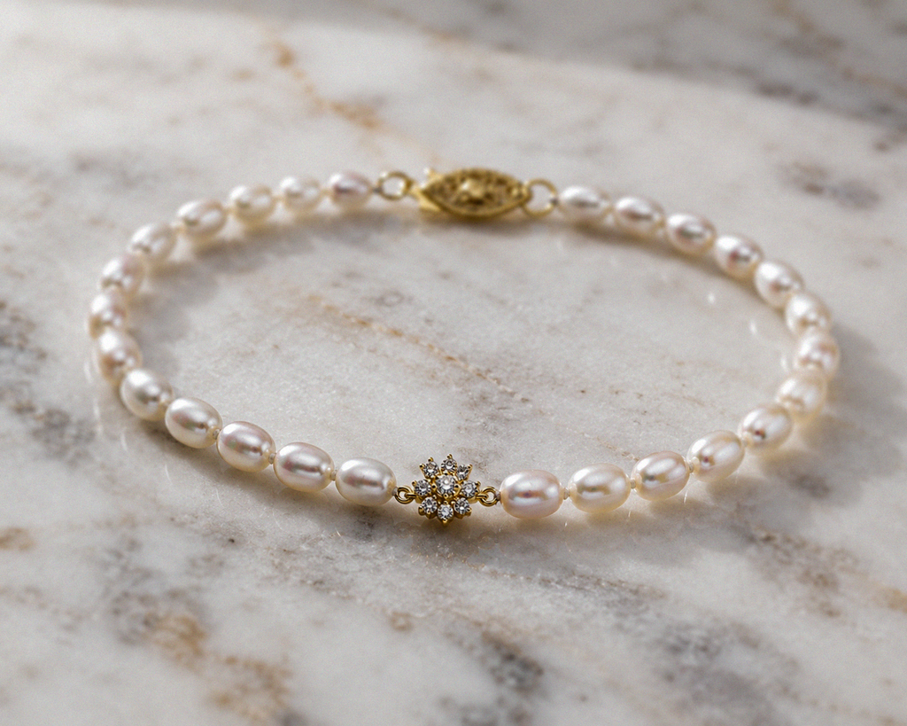 Seed Pearl & Diamond Flower Bracelet in 9ct Yellow Gold