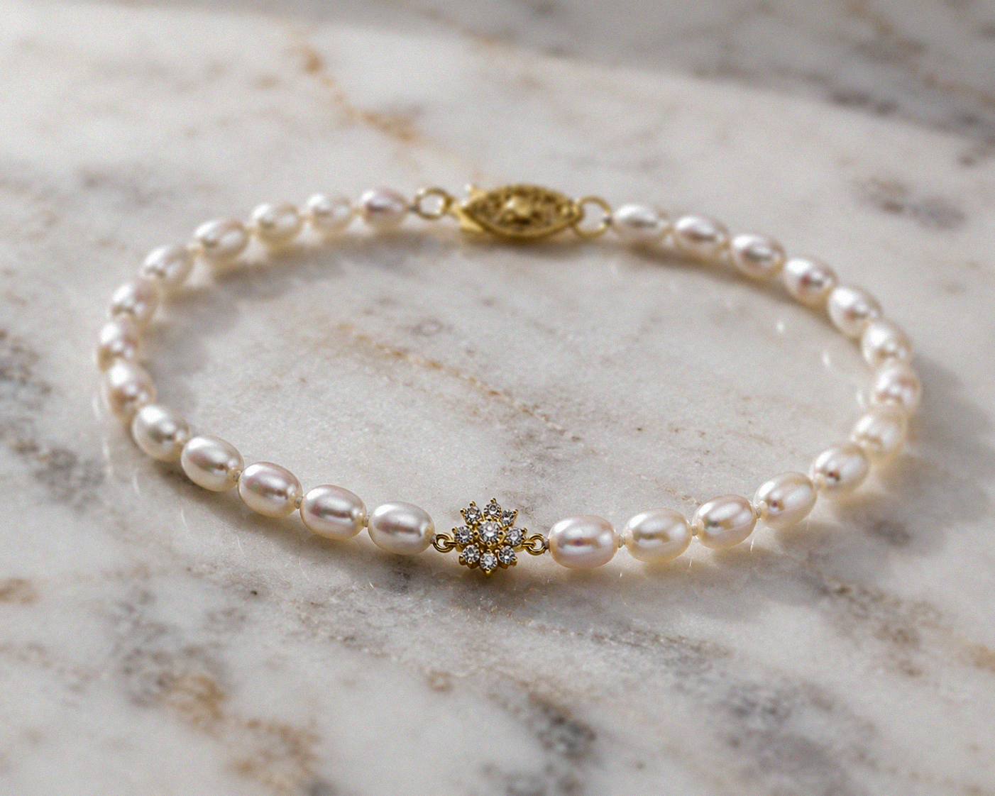 Seed Pearl & Diamond Flower Bracelet in 9ct Yellow Gold