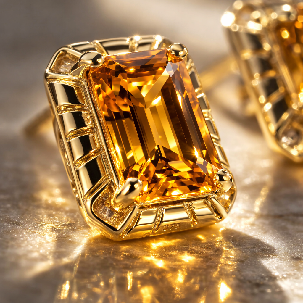 Detailed Octagon Citrine Stud Earrings in 9ct Yellow Gold