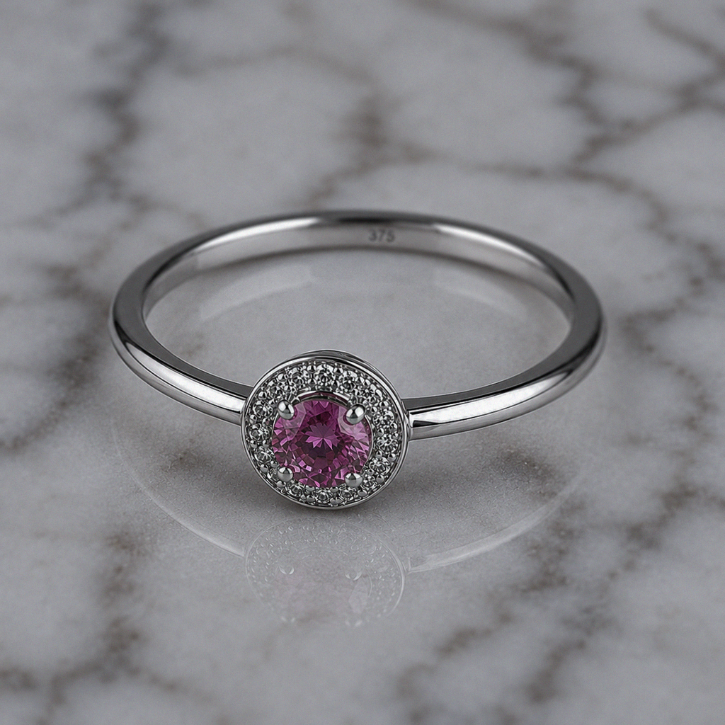 9ct White Gold Sapphire & Diamond Halo Ring – 0.07ct Diamonds