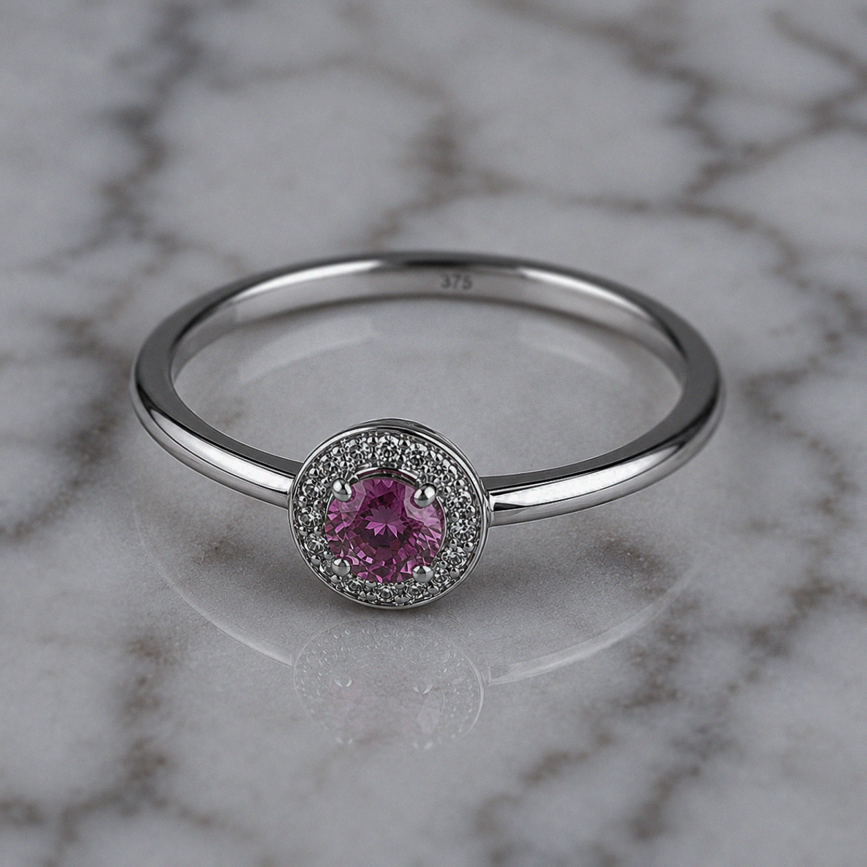 9ct White Gold Sapphire & Diamond Halo Ring – 0.07ct Diamonds
