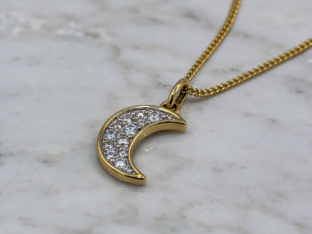9ct Yellow Gold Diamond Crescent Moon Necklace