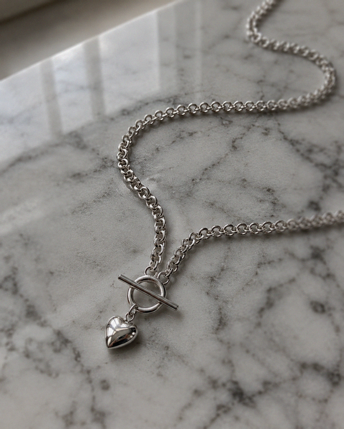 Sterling Silver Puff Heart T-Bar Chain Necklace