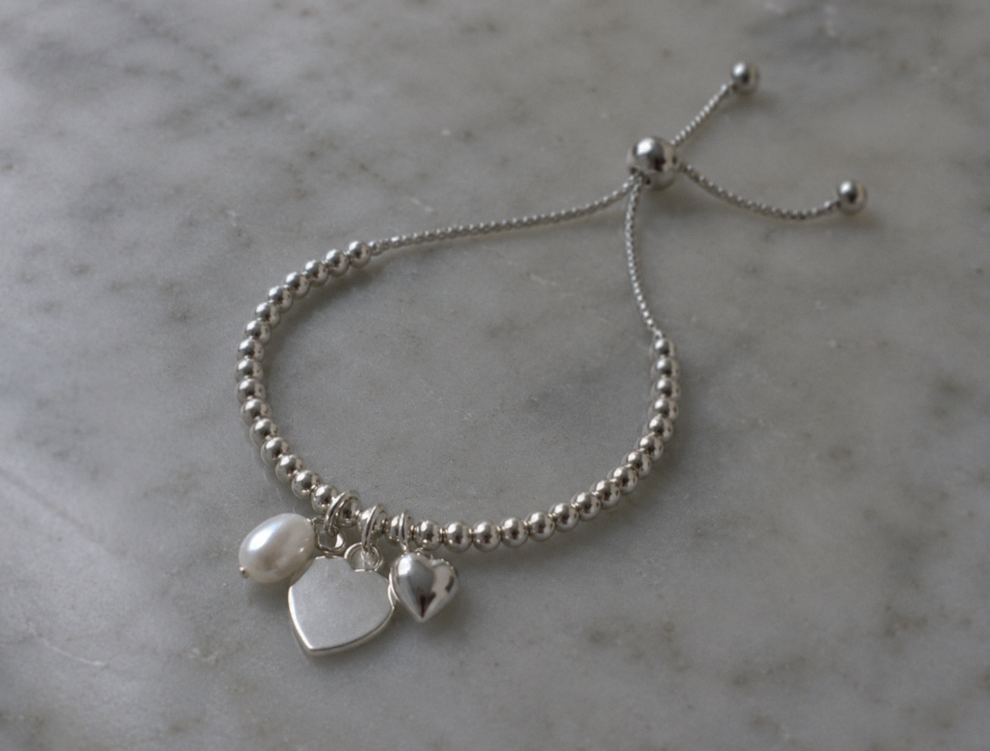 Sterling silver Heart Charm Bracelet with Pearl - Engravable